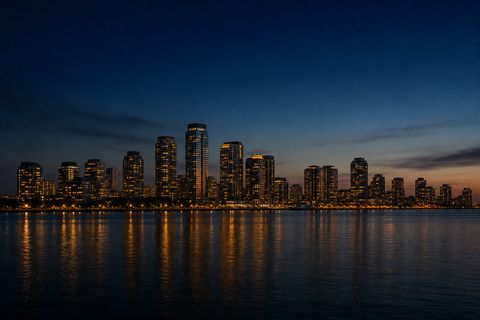 An elegant high-rise skyline across dark water in the evening