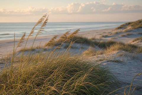 Sea oats and dune grass in warm golden-hour light above a calm sea